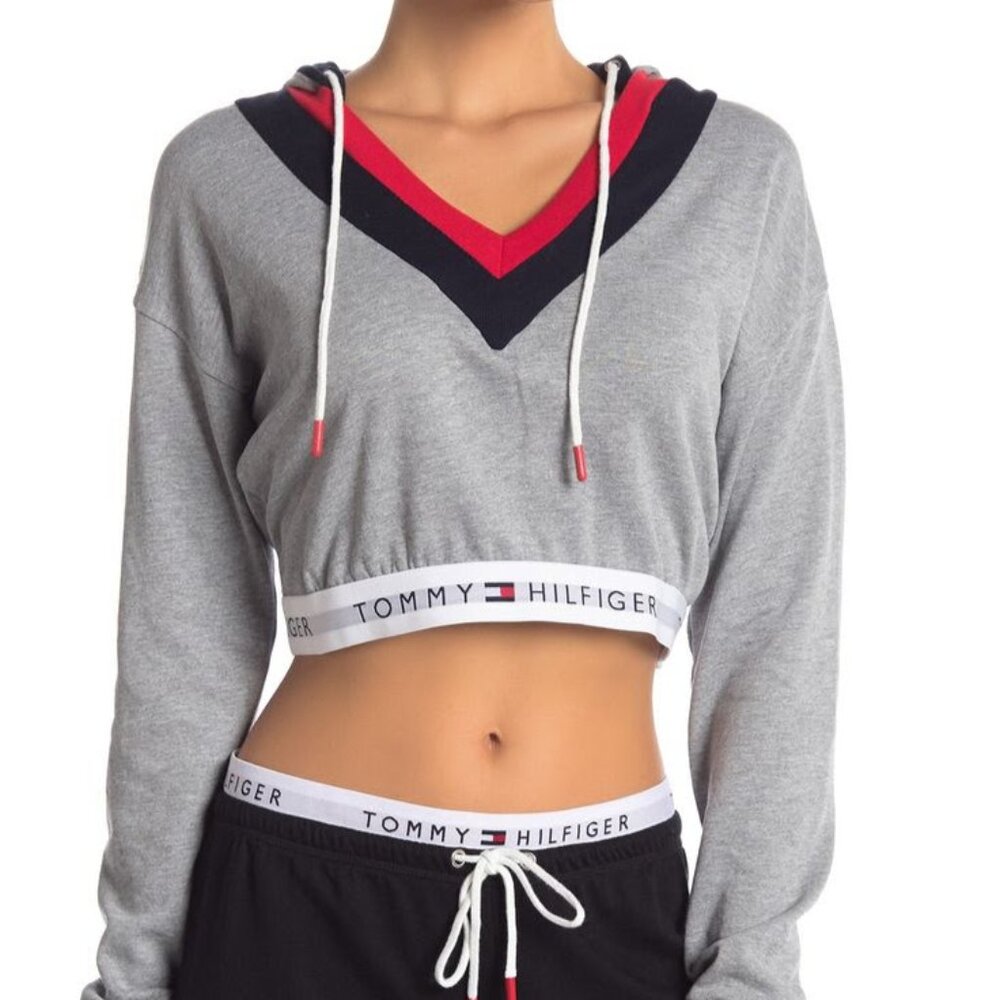 Tommy hilfiger gray logo cropped hoodie
